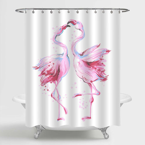 Hand Drawn Couple Flamingos Dancing in Honeymoon Shower Curtain - Pink