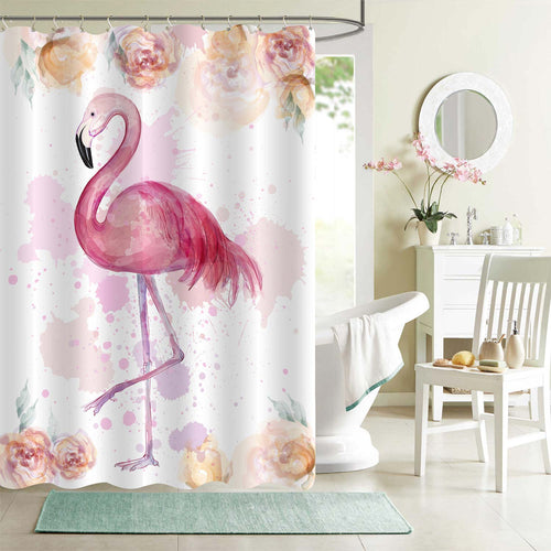 Watercolor Hand Drawn Flamingo with Florals Shower Curtain