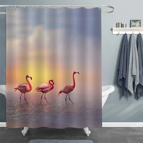 Realistic Flamingos Walking at Sunset Shower Curtain - Red Gold