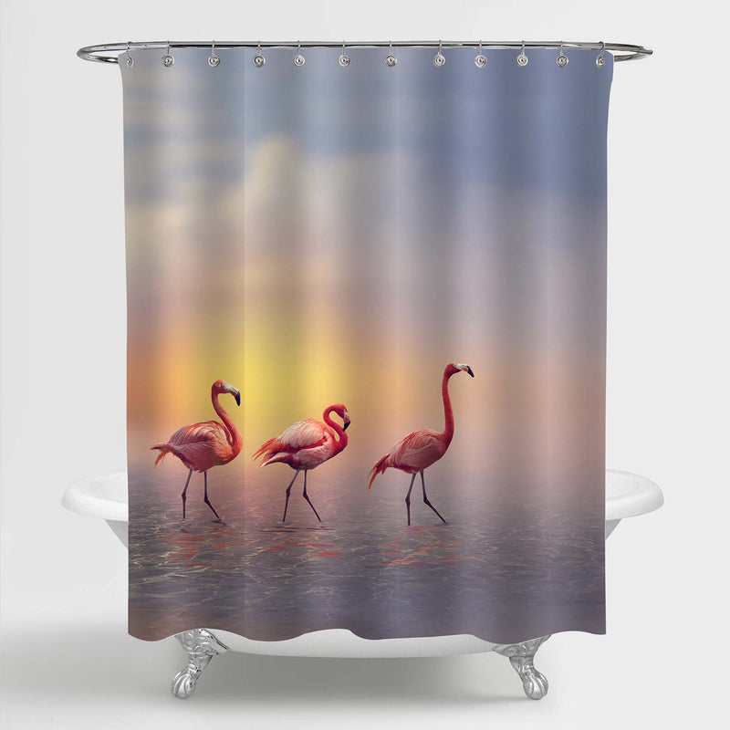 Realistic Flamingos Walking at Sunset Shower Curtain - Red Gold