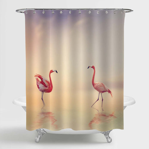 Couple Flamingos in the Lake at Sunset Shower Curtain - Pink Gold