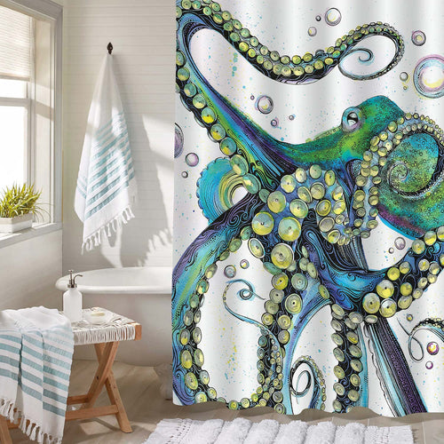 Trippy Octopus Kraken with Tentacles Shower Curtain - Green Yellow