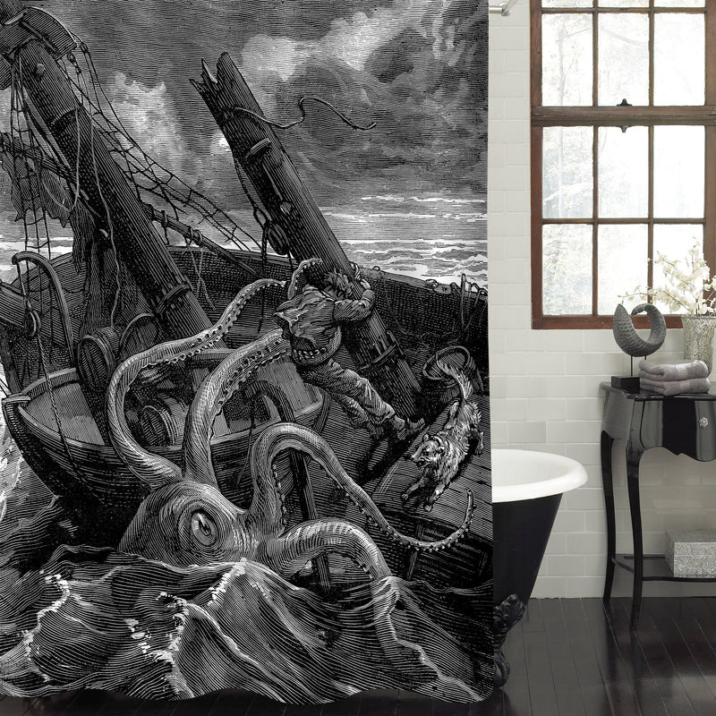Hand Drawn Monster Kraken Catched Ancient Sailboat Shower Curtain - Black