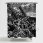 Hand Drawn Monster Kraken Catched Ancient Sailboat Shower Curtain - Black