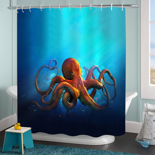 Aquatic Wildlife Octopus Artwork Shower Curtain - Blue Orange