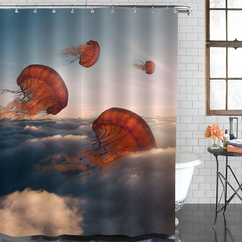 Ocean Animals Jellyfishes Float in the Sky Surreal Artwork Shower Curtain - Red