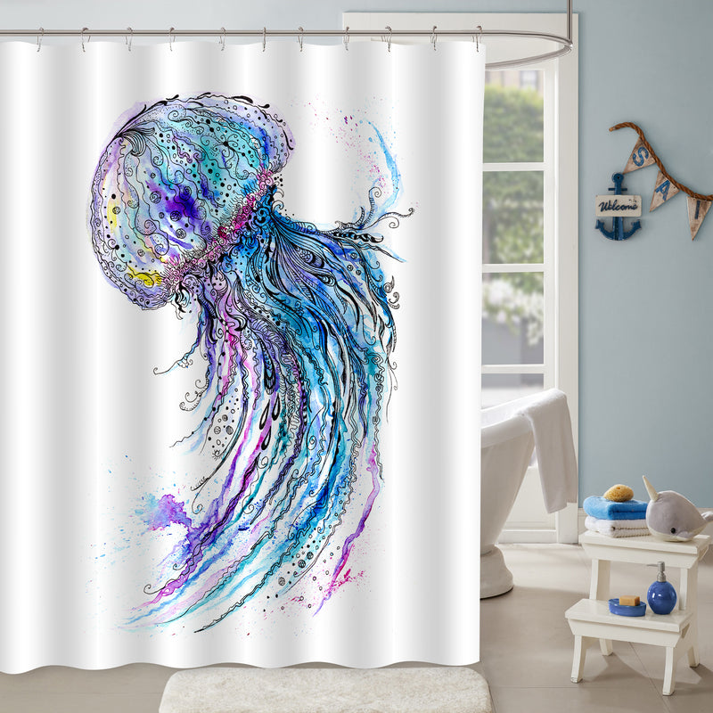 Watercolor Hand Painting Deep Sea Jellyfish Shower Curtain -  Blue