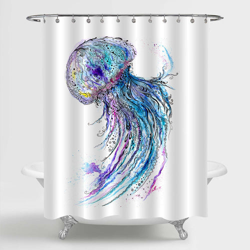 Watercolor Hand Painting Deep Sea Jellyfish Shower Curtain -  Blue