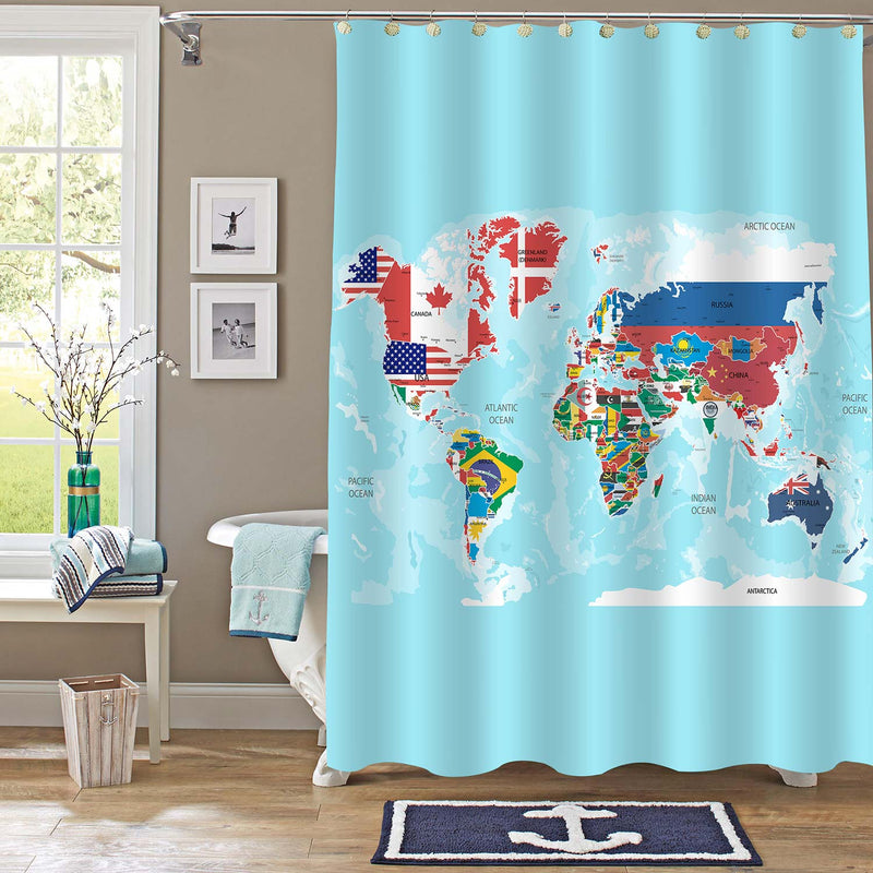 Geographic World Map with Flags Shower Curtain - Blue Green