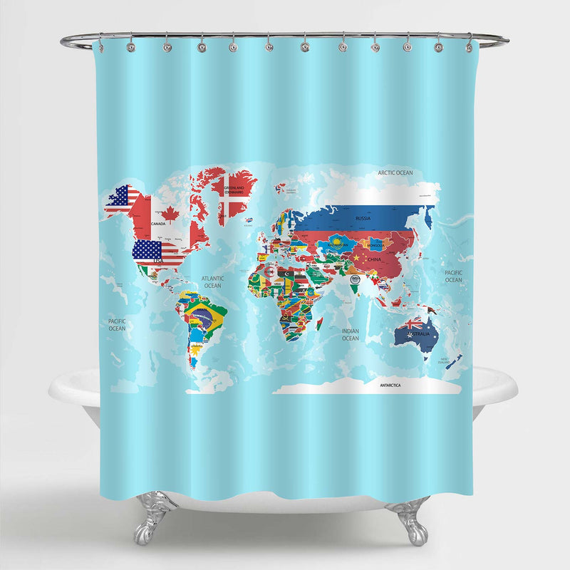 Geographic World Map with Flags Shower Curtain - Blue Green