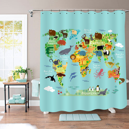 Cartoon Animal World Map Shower Curtain - Green