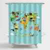 Cartoon Animal World Map Shower Curtain - Green