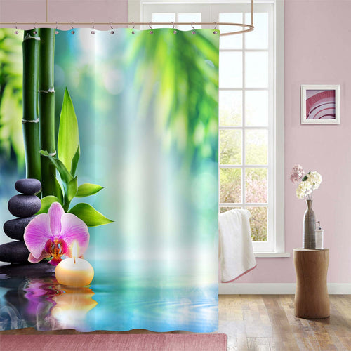 Bamboo Orchid Candle Basalt Stones Shower Curtain - Green