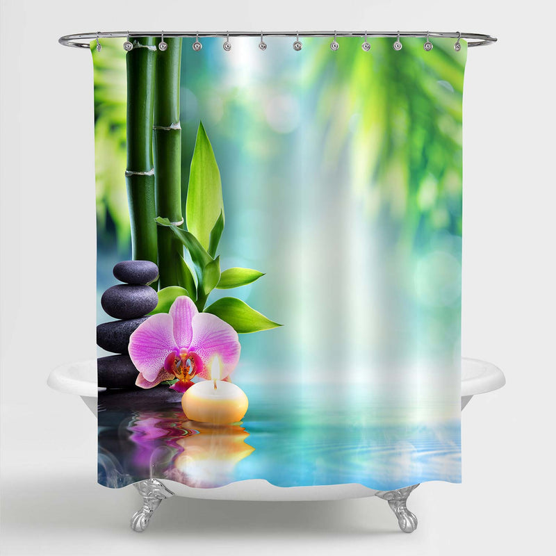 Bamboo Orchid Candle Basalt Stones Shower Curtain - Green