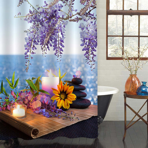 Massage Stones with Candles Daisy Wisteria on Sea Background Yoga Spa Shower Curtain