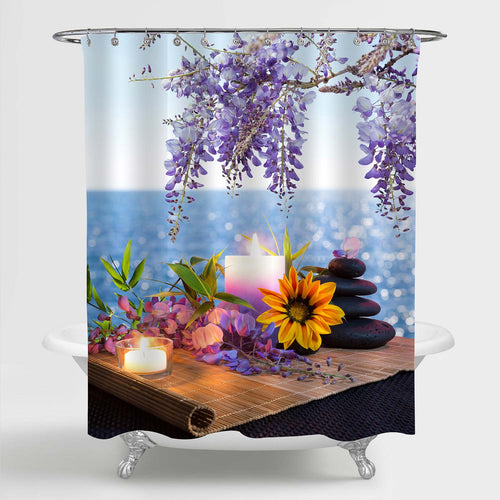 Massage Stones with Candles Daisy Wisteria on Sea Background Yoga Spa Shower Curtain