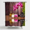 Orchid Stones Candles Bamboo Essential Oil on The Wood with Water Reflection Shower Curtain - Pink Brown