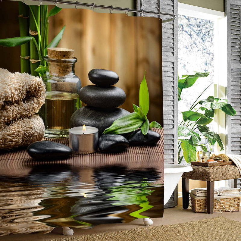 Zen Basalt Stones and Spa Oil on the Wood Near a Pond Shower Curtain - Brown