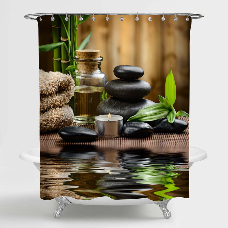 Zen Basalt Stones and Spa Oil on the Wood Near a Pond Shower Curtain - Brown