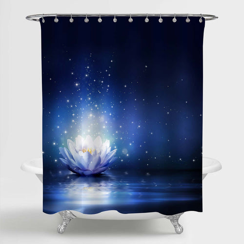 Magic Lotus Flower on Water Print Fairytale Scenery Shower Curtain - Dark Blue