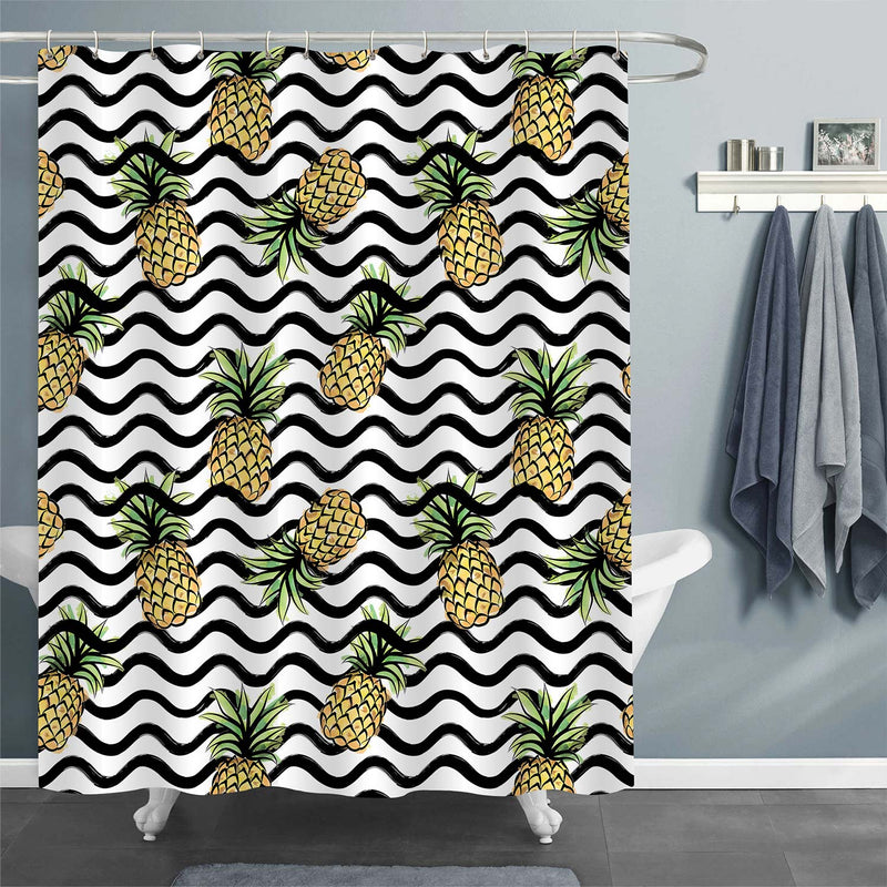 Tropical Fruit Pineapple on Wave Pattern Shower Curtain - Gold Black White