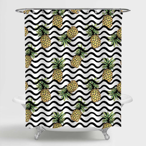 Tropical Fruit Pineapple on Wave Pattern Shower Curtain - Gold Black White