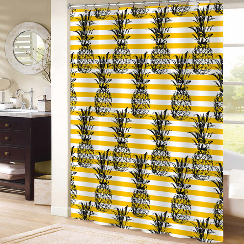 Sketch Pineapple on Hand Drawn Striped Background Shower Curtain -  Gold