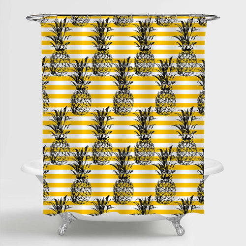 Sketch Pineapple on Hand Drawn Striped Background Shower Curtain -  Gold