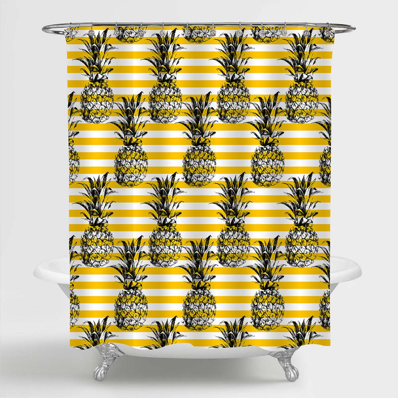Sketch Pineapple on Hand Drawn Striped Background Shower Curtain -  Gold