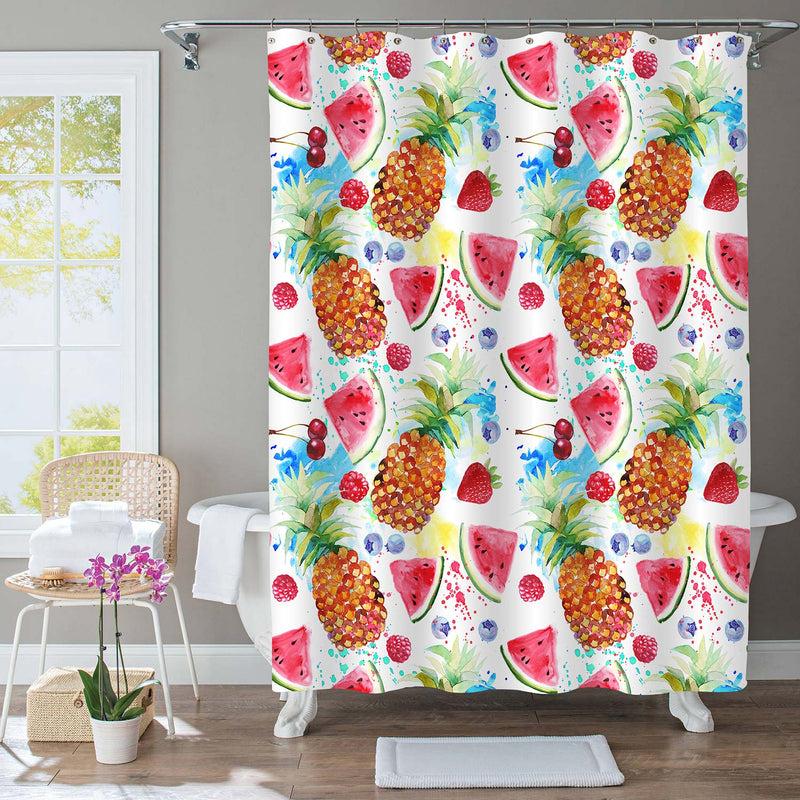 Watercolor Pineapple Watermelon Strawberry Cherry Painting Shower Curtain - Multicolor