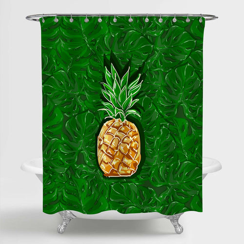 Pineapple and Botanical Leaves Shower Curtain - Gold Green