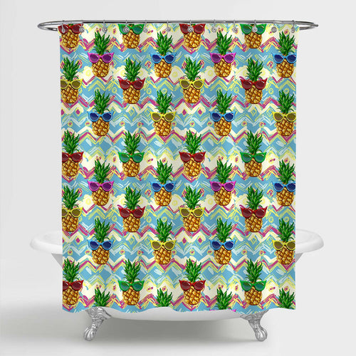 Hand Drawing Exotic Pineapple with Sunglasses Shower Curtain - Multicolor