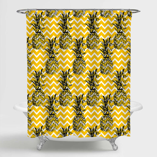 Sketch Pineapple with Zig Zag Pattern Shower Curtain - Gold Black