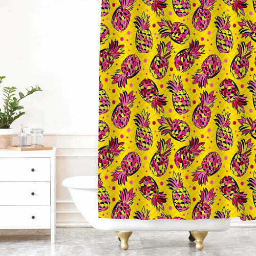 Tropical Fruit Pineapple on Chevron and Dot Background Shower Curtain - Pink Yellow