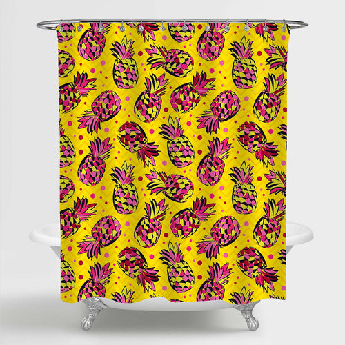 Tropical Fruit Pineapple on Chevron and Dot Background Shower Curtain - Pink Yellow