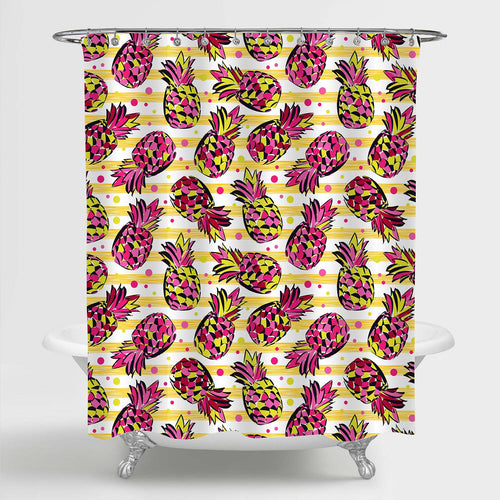 Pineapple on Stripe and Dot Pattern Shower Curtain - Pink Yellow