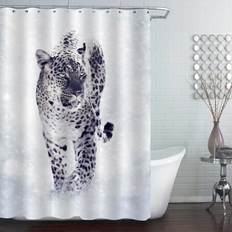 Snow Leopard Walking in the Winter Snow Shower Curtain - Black White