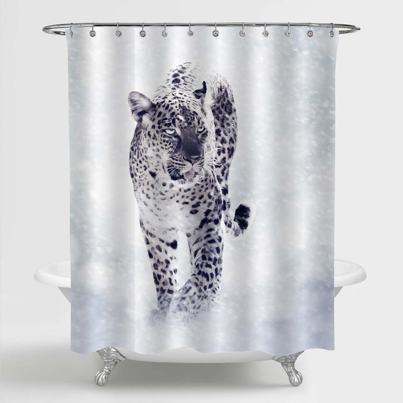 Snow Leopard Walking in the Winter Snow Shower Curtain - Black White