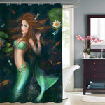 Fantasy Mermaid in Lake with Lotus and Fish Shower Curtain - Green