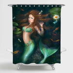 Fantasy Mermaid in Lake with Lotus and Fish Shower Curtain - Green
