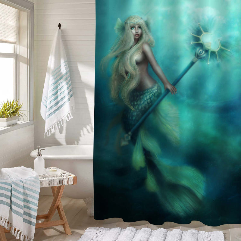 Fairytale Girl Mermaid Holding Magic Wand Aquatic Shower Curtain - Turquoise