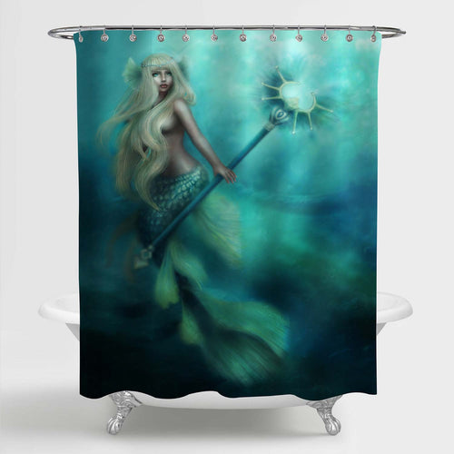 Fairytale Girl Mermaid Holding Magic Wand Aquatic Shower Curtain - Turquoise