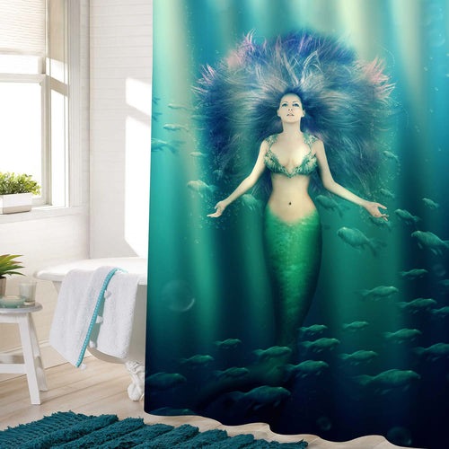 Mermaid with Fish Tail and Purple Hair Swimming in the Sea Surreal Print Shower Curtain - Green