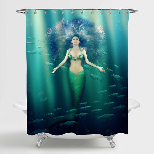 Mermaid with Fish Tail and Purple Hair Swimming in the Sea Surreal Print Shower Curtain - Green