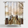 Wooden Dock with Leaves and Tree Branches Shower Curtain - Brown