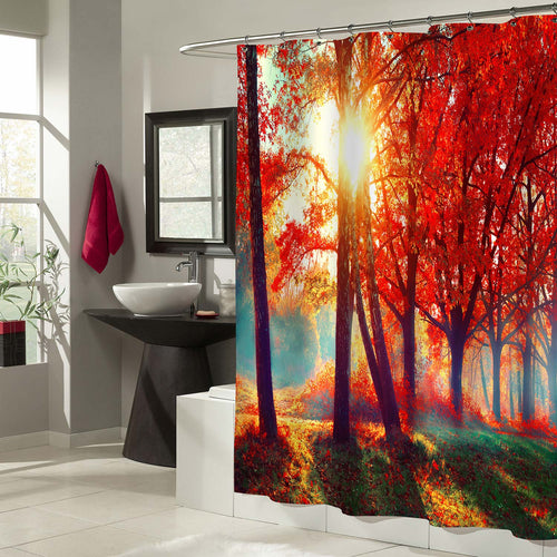 Foggy Forest in Sunlight Rays Shower Curtain - Red