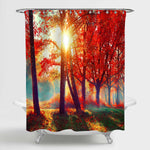 Foggy Forest in Sunlight Rays Shower Curtain - Red