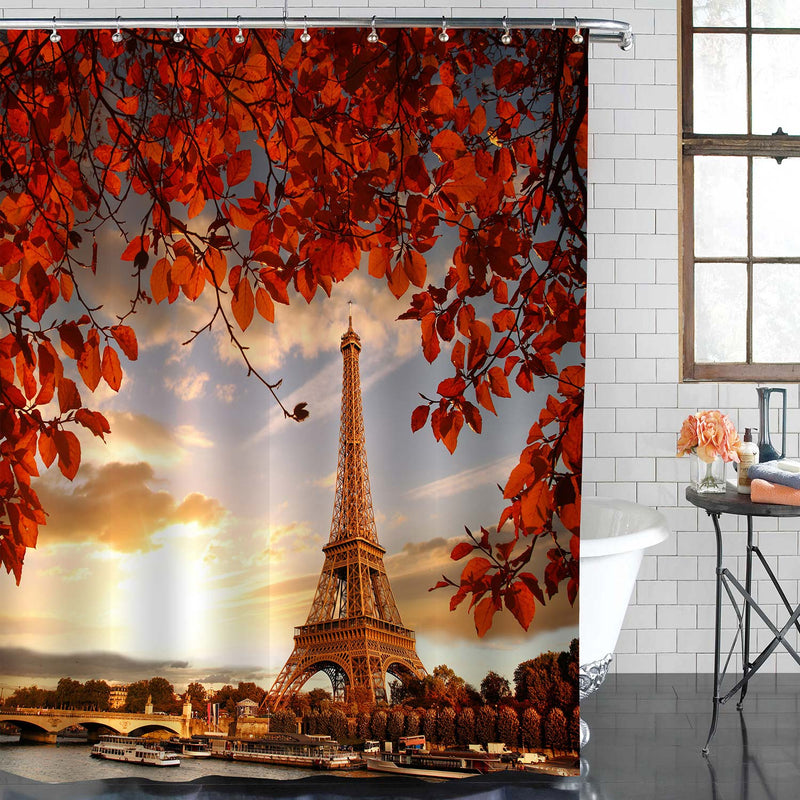 Paris Cityscape Eiffel Tower with Autumn Leaves Shower Curtain - Red Gold