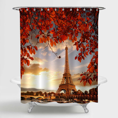 Paris Cityscape Eiffel Tower with Autumn Leaves Shower Curtain - Red Gold