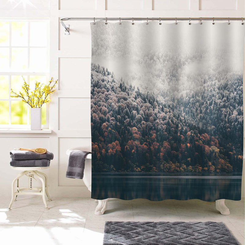 Foggy Coniferous Forest and Lake Shower Curtain - Grey